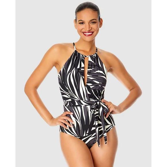 High Neck Plunge One-Piece Swimsuit in Palm Chic Print Multicolor Anne Cole 14 - Picture 1 of 1